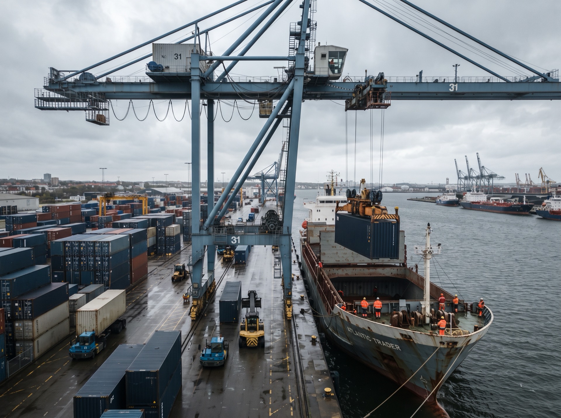 Portalkran hebt einen Container an Bord eines Schiffs in einem europäischen Hafen